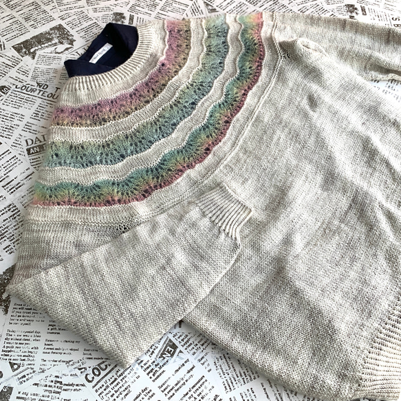 シルク混　丸ヨークセーター 春風　手編み 2枚目の画像