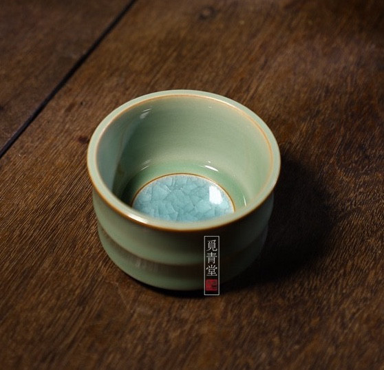 湖藍氷心玉肌　竹節杯【共箱】青磁氷裂貫入 贈り物　コレクション