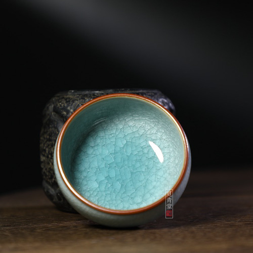 氷生湖藍鼓杯 氷裂貫入【共箱】龍泉青磁 哥窯 陶芸作品 贈り物