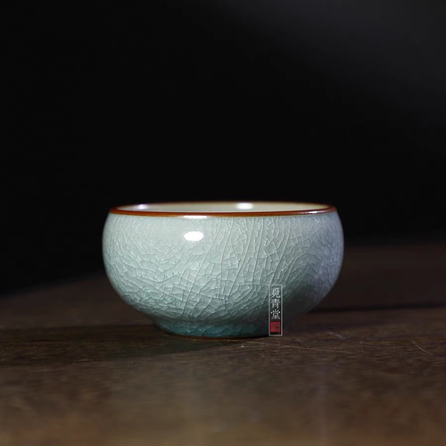 氷生湖藍鼓杯 氷裂貫入【共箱】龍泉青磁 哥窯 陶芸作品 贈り物