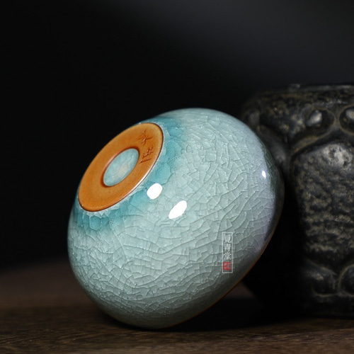 氷生湖藍鼓杯 氷裂貫入【共箱】龍泉青磁 哥窯 陶芸作品 贈り物