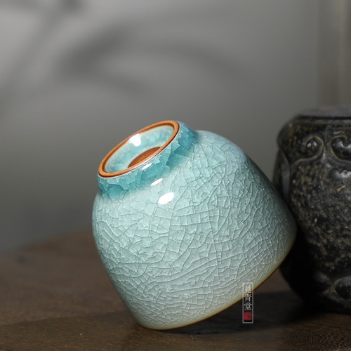 氷生湖藍蝉定杯 湯呑み【共箱】水色氷裂貫入 現代龍泉青磁 贈り物