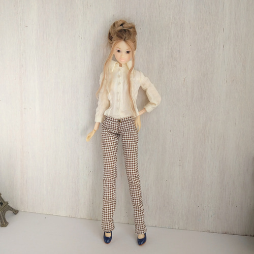 769【momokoDOLL パンツ】茶色のチェックのストーレートパンツ※1/6