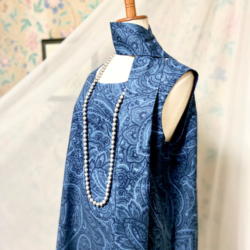 O様ご予約品 青の濃淡 ペイズリー模様 染め紬 Aラインワンピース