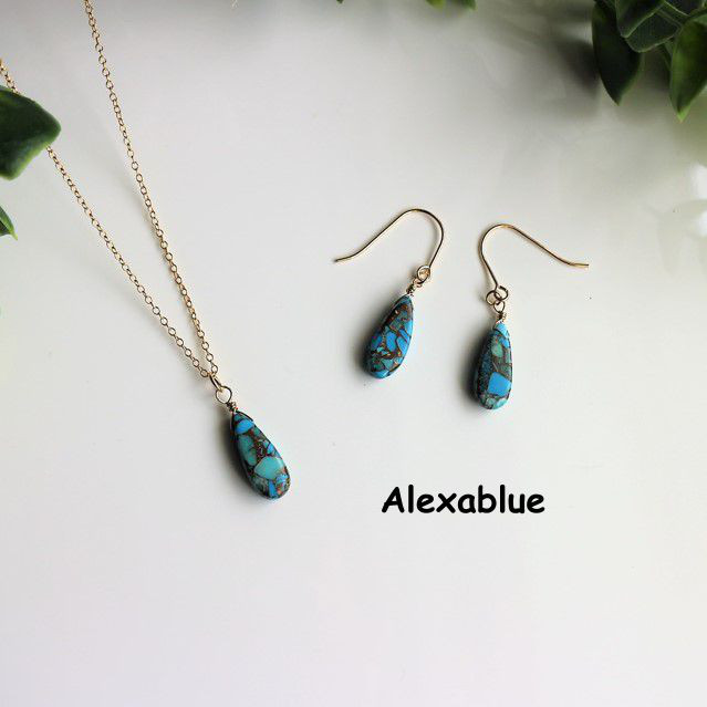 ブルーコッパ―ターコイズ ピアス＆ネックレス セット K14GF 12月誕生石 Blue Copper turquois