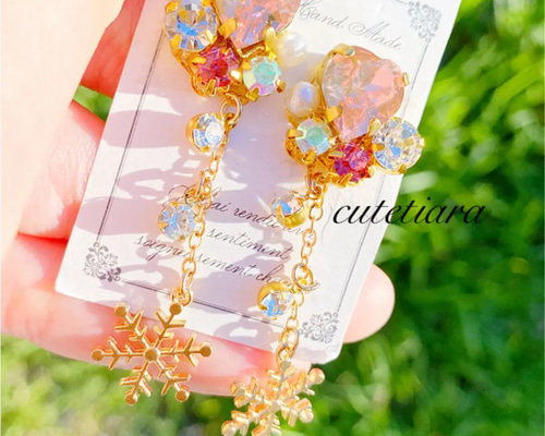 再再再販❤️ライトピンクハート×雪の結晶ロングピアスイヤリング 