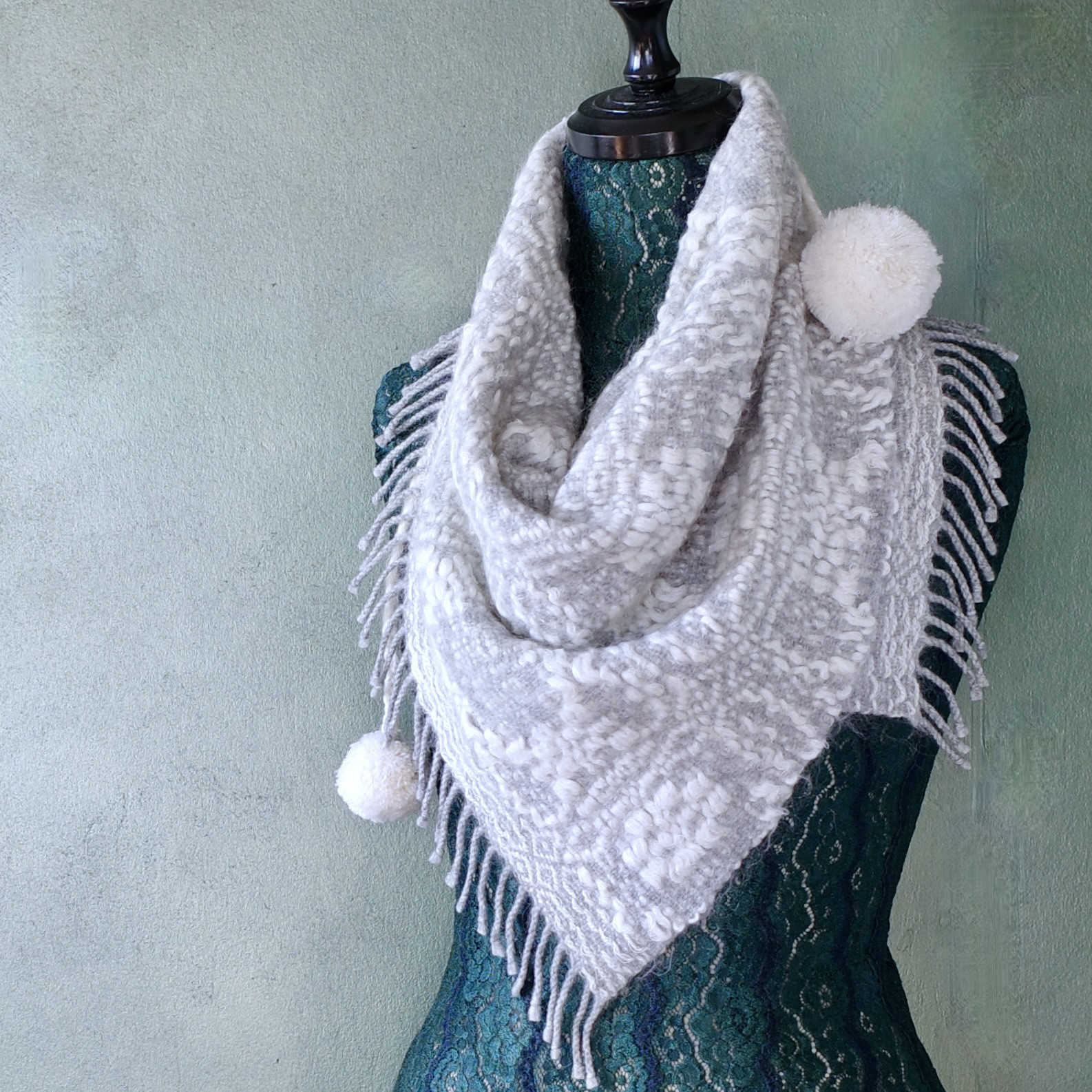 手織り オーバーショット織 ポンポンマフラー Handwoven TMMS22144