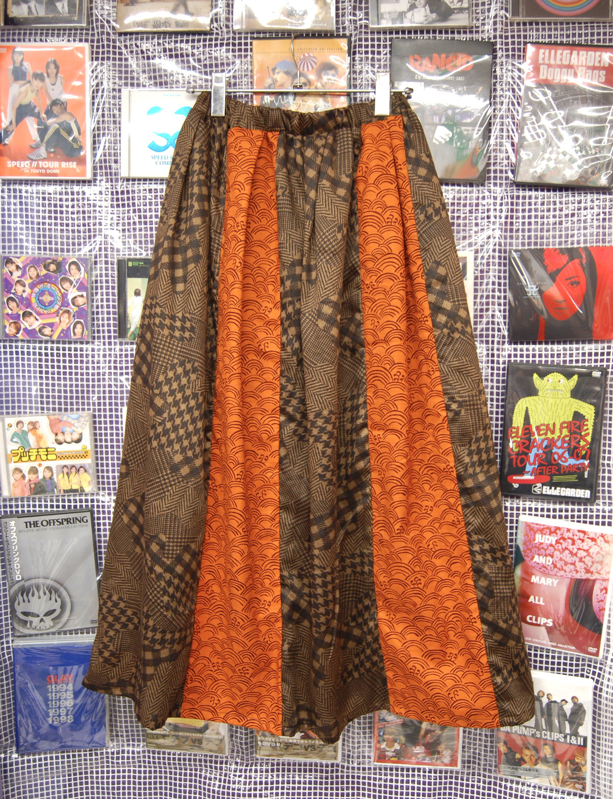 和洋折衷　ミックス　フレアロングスカート:ブラウン×オレンジ