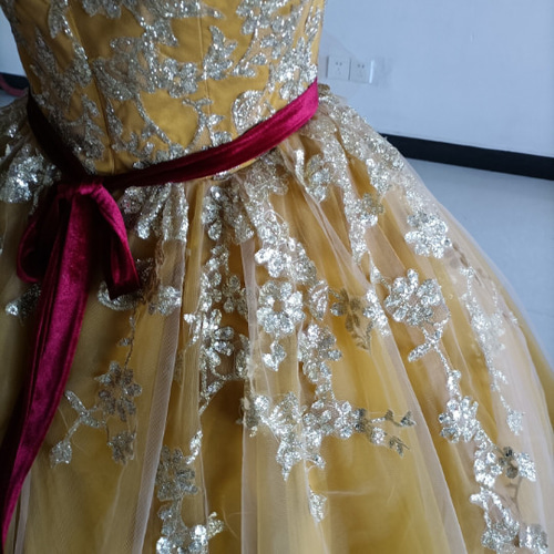 イエローカラードレス ソフトチュール ビスチェ3D立体レース刺繍