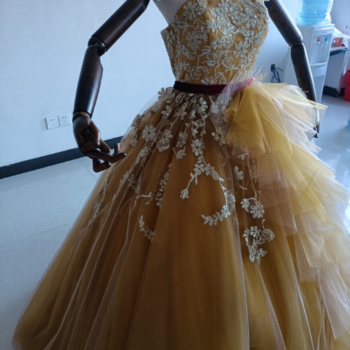 イエローカラードレス ソフトチュール ビスチェ3D立体レース刺繍