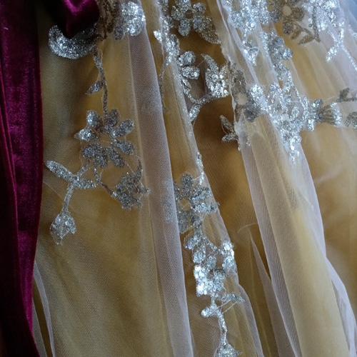 イエローカラードレス ソフトチュール ビスチェ3D立体レース刺繍