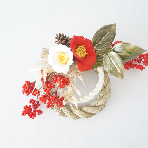 12/30出荷可能•最後の1点】紅白椿の古風なしめ縄飾り しめ縄・しめ飾り