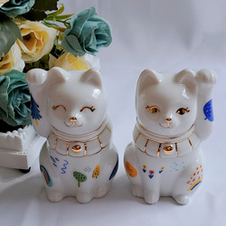 招き猫　ペア　結婚祝い　新築祝い　ハンドメイド　ポーセラーツねこ　縁起物 招き猫 ペア 結婚祝い 新築祝い ハンドメイド ポーセラーツねこ