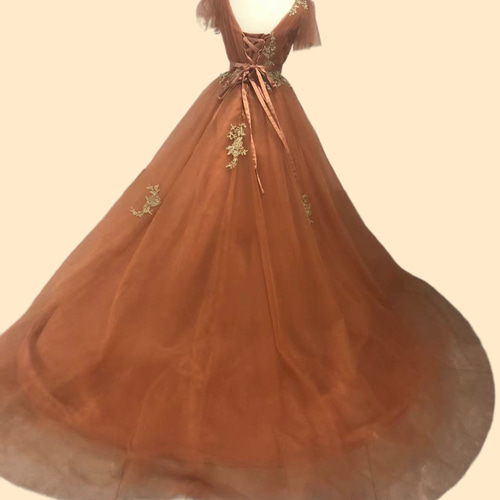 カラードレス テラコッタ色 ケープ風ドレス ベルト 繊細レース 花嫁  