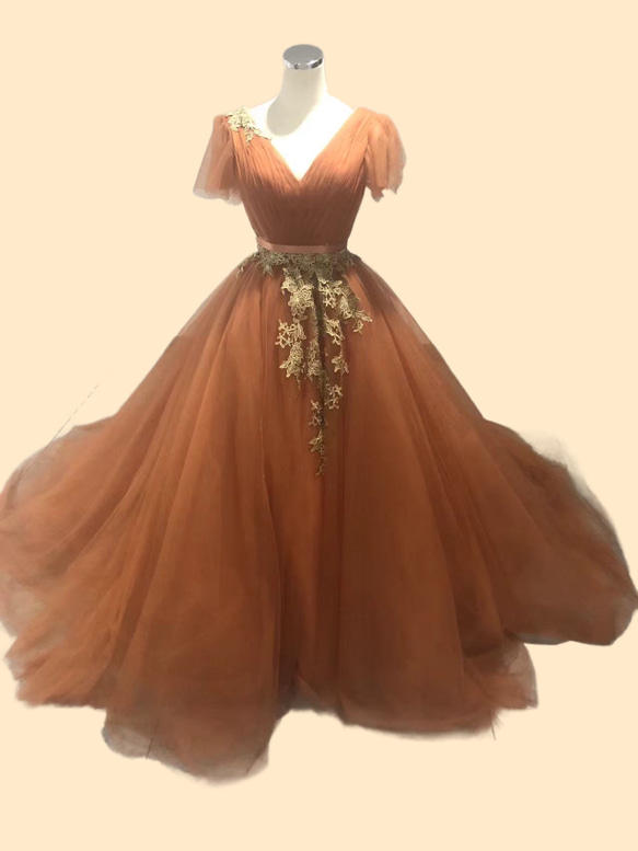 カラードレス テラコッタ色 ケープ風ドレス ベルト 繊細レース 花嫁  