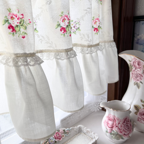 カフェカーテン【バラ刺繍レースフリル　セパレート】ハンドメイド Amazon | チュールレース&ローズ(薔薇)刺繍 カフェカーテン 約150x90cm