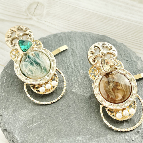 秋色 ブラウンマーブル ポニーフック ハンドメイド アクセサリー