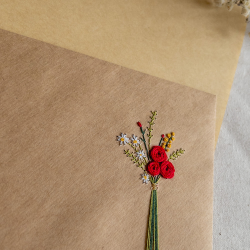 赤バラの花束のレターセット／刺繍 レターセット 紙刺繍作家 wakako