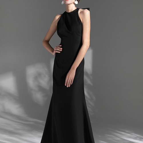 ブラックロング バックリボン パーティドレス 演奏会 謝恩会 ドレス  