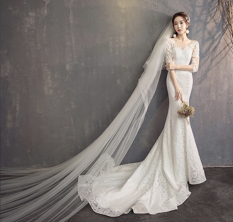 総レース Vネック 5部袖 マーメイドウエディングドレス