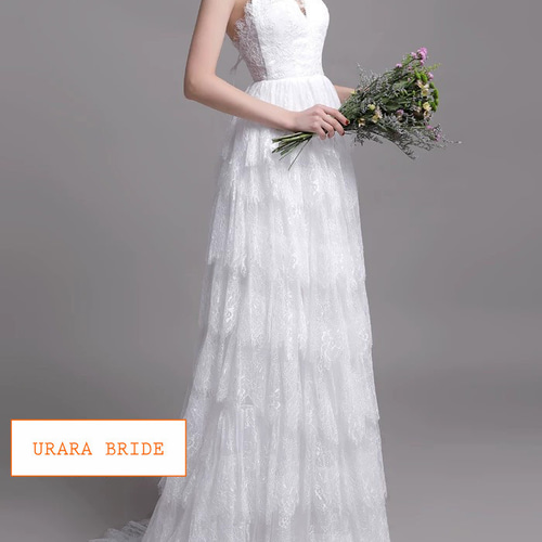 総レース スパゲティストラップ ティアード ウエディングドレス ドレス  