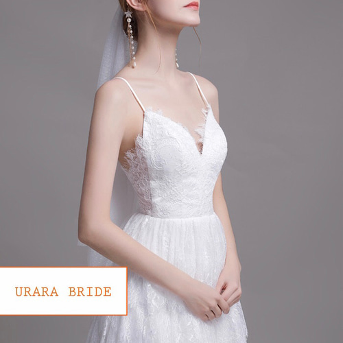 総レース スパゲティストラップ ティアード ウエディングドレス ドレス  