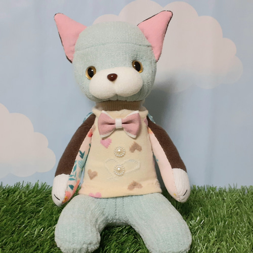 sale】チョコミント色の猫(スムース)□靴下ぬいぐるみ/ソックドール