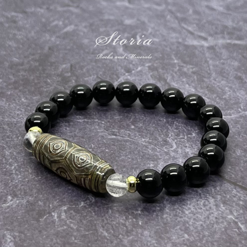 龍眼天珠×8mm モリオン（黒水晶）×ヒマラヤ水晶 ブレスレット