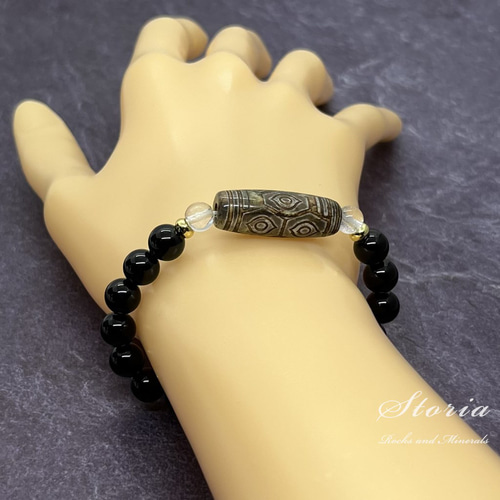 龍眼天珠×8mm モリオン（黒水晶）×ヒマラヤ水晶 ブレスレット
