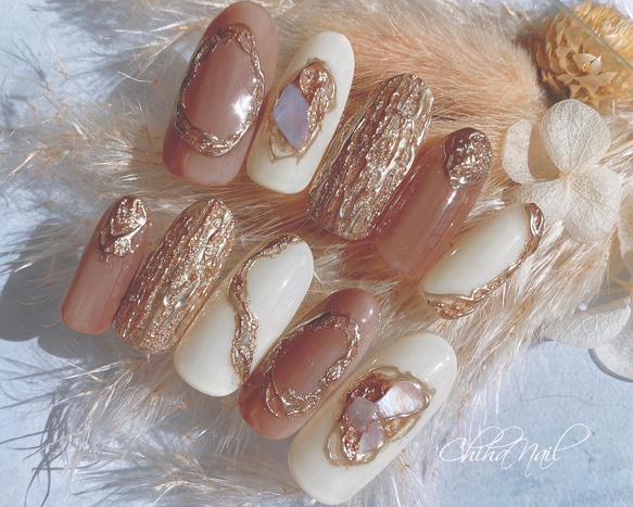 秋ネイル シェルネイル ブラウンネイル アクセサリーネイル 大人ネイル