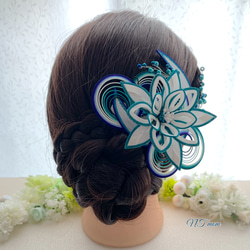 成人式卒業式結婚式・和装水引髪飾り・月華・青緑 3枚目の画像