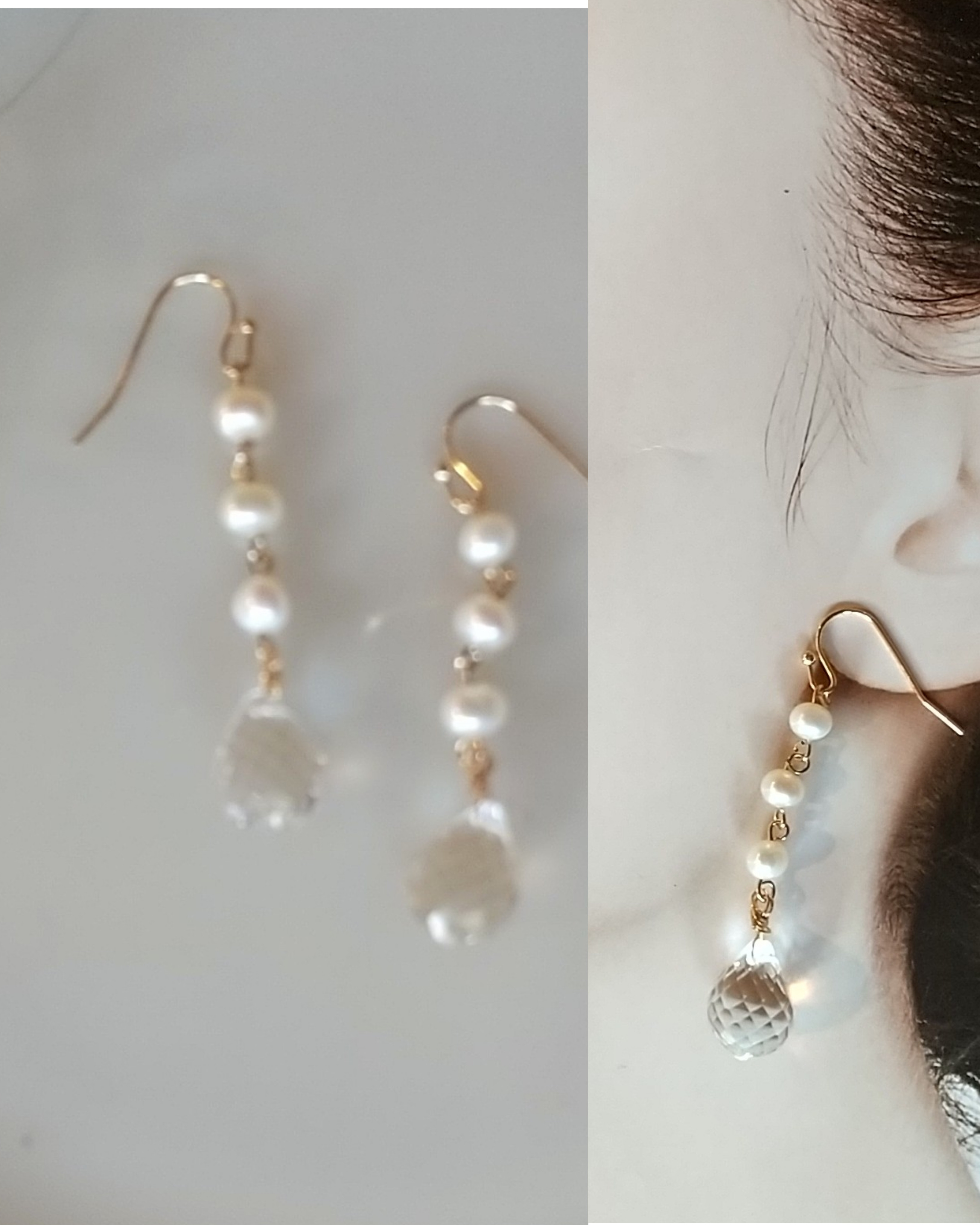 天然クリスタルと淡水パールのロングピアス/イヤリング ピアス