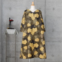 着物リメイク　芙蓉の葉　紬のワンピース/Aライン　バルーン   フリーサイズ 3枚目の画像