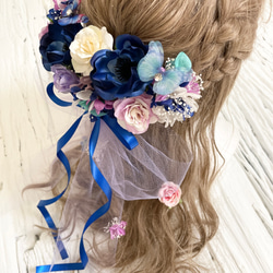 ブーケの様な髪飾り　メイビーブルー　ヘッドドレス 3枚目の画像