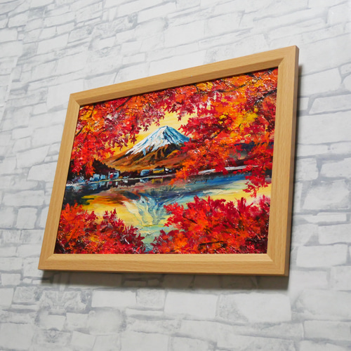 油彩画 原画 絵画「錦秋の富士」秋の風景 インテリア 壁掛け 絵画 HR