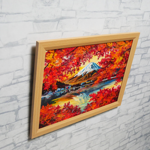 油彩画 原画 絵画「錦秋の富士」秋の風景 インテリア 壁掛け 絵画 HR