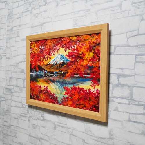 油彩画 原画 絵画「錦秋の富士」秋の風景 インテリア 壁掛け 絵画 HR