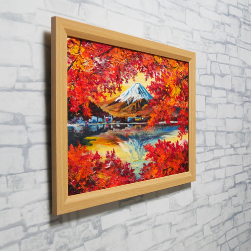油彩画 原画 絵画「錦秋の富士」秋の風景 インテリア 壁掛け 絵画 HR