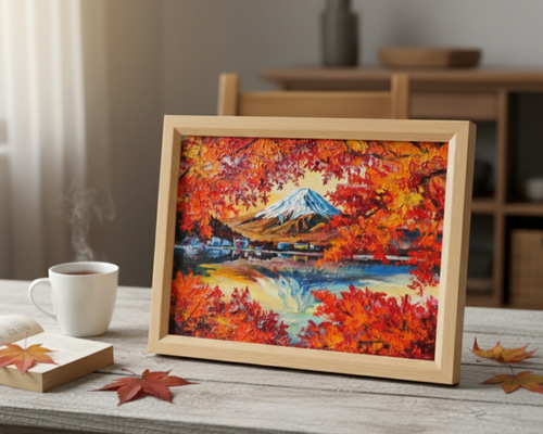 油彩画 原画 絵画「錦秋の富士」秋の風景 インテリア 壁掛け 絵画 HR