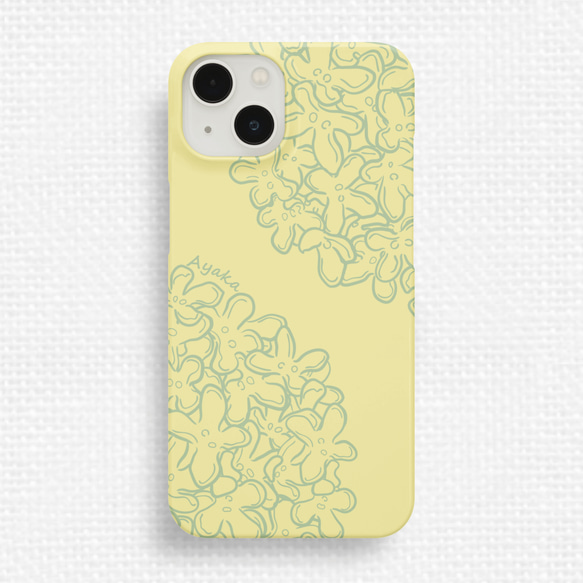 送料無料★まんまる金木犀のスマホケース レモンイエロー×グリーン iPhone Android 刺繍 秋冬 花柄 檸檬 2枚目の画像