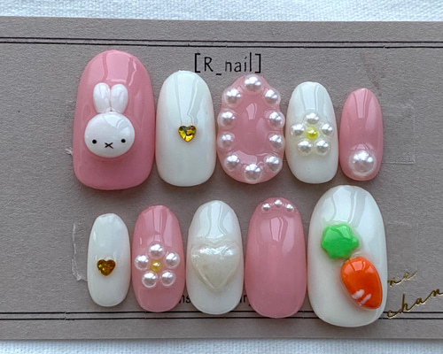 ピンク ホワイト うさぎ にんじん 3D ぷっくり ネイルチップ ネイル