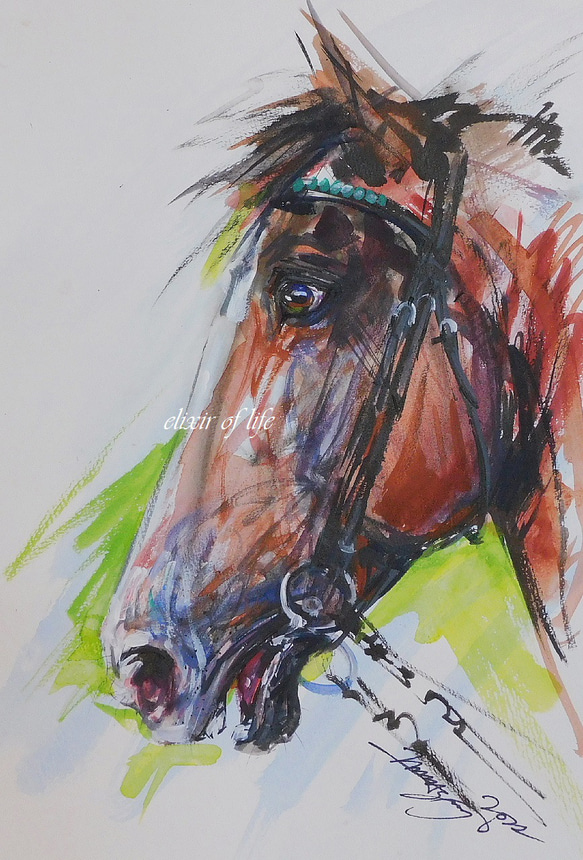 感情、競走馬のポートレート2022（水彩画用紙、A4サイズ、墨、水彩