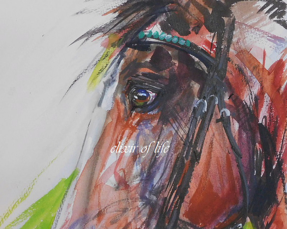 感情、競走馬のポートレート２０２２（水彩画用紙、A4サイズ、墨、水彩、アクリル） 2枚目の画像