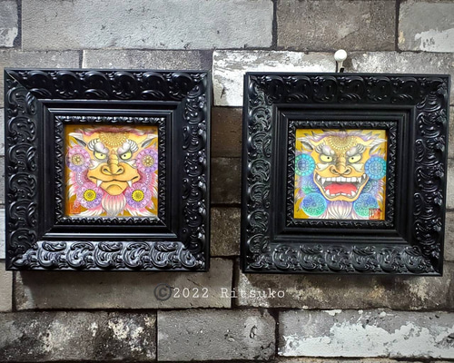 2点セット シーサー 原画 1点もの 額装付き ボールペン画