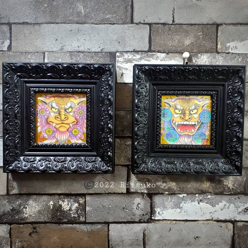 2点セット シーサー 原画 1点もの 額装付き ボールペン画