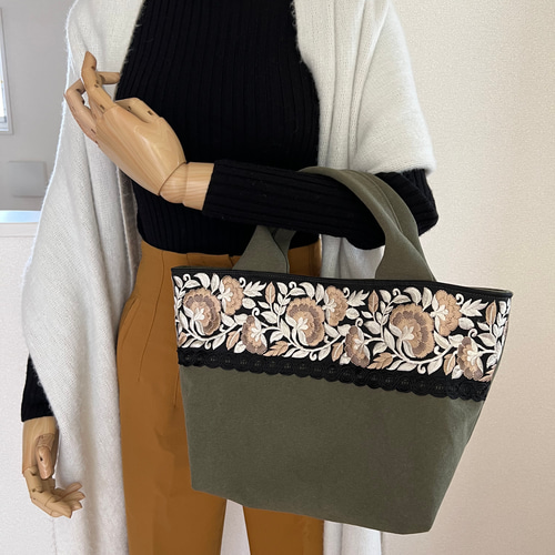 インド刺繍リボンとクッタリ帆布のトートバッグ◇カーキ トート