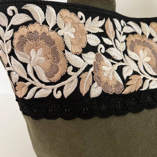 インド刺繍リボンとクッタリ帆布のトートバッグ◇カーキ トート