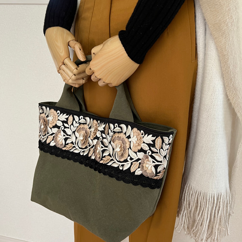 ソレイアード　帆布　インド刺繍リボン　トートバック　グラニーバッグ　3点 新色◇インド刺繍リボンとクッタリ帆布のトートバッグ