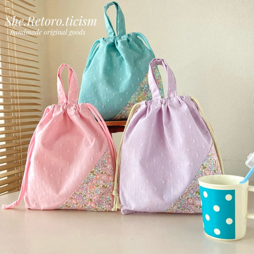 ハンドメイド♡リバティ　持ち手付き巾着 ピンク再入荷！♦︎day to day♦︎ 持ち手付き巾着(小)リバティ使い
