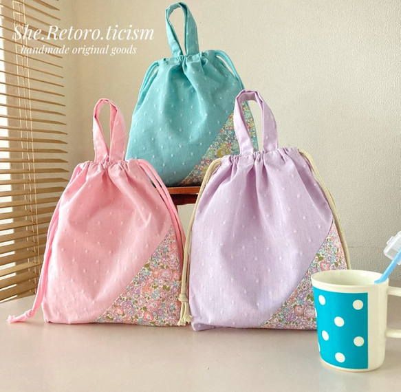 ハンドメイド♡リバティ　持ち手付き巾着 ピンク再入荷！♦︎day to day♦︎ 持ち手付き巾着(小)リバティ